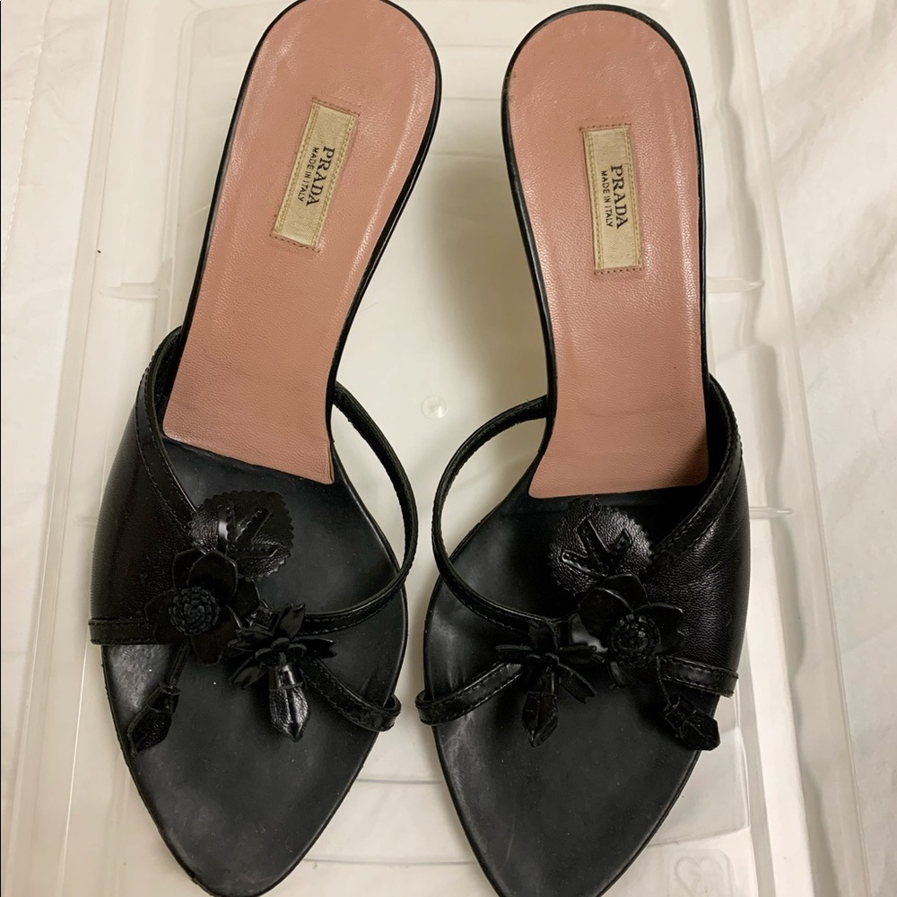 Prada Black Floral Peep Toe Heels